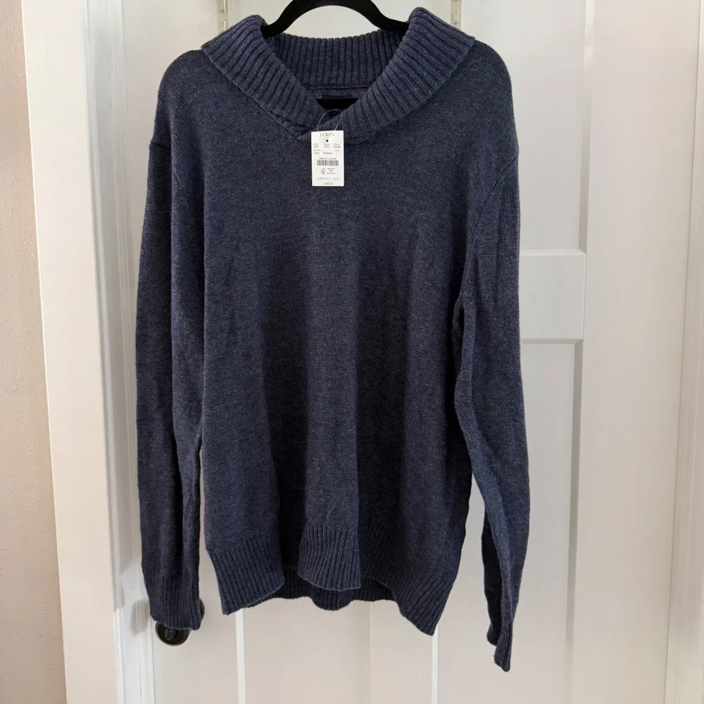 J.Crew‎ Mens Lambswool Blend Shawl Collar Sweater Navy Blue CD598 Size L NWT